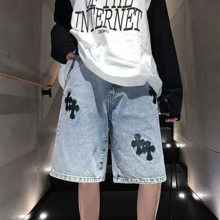 New Men's Summer Cross Stickers Denim Shorts Loose Hip Hop Blue Jeans