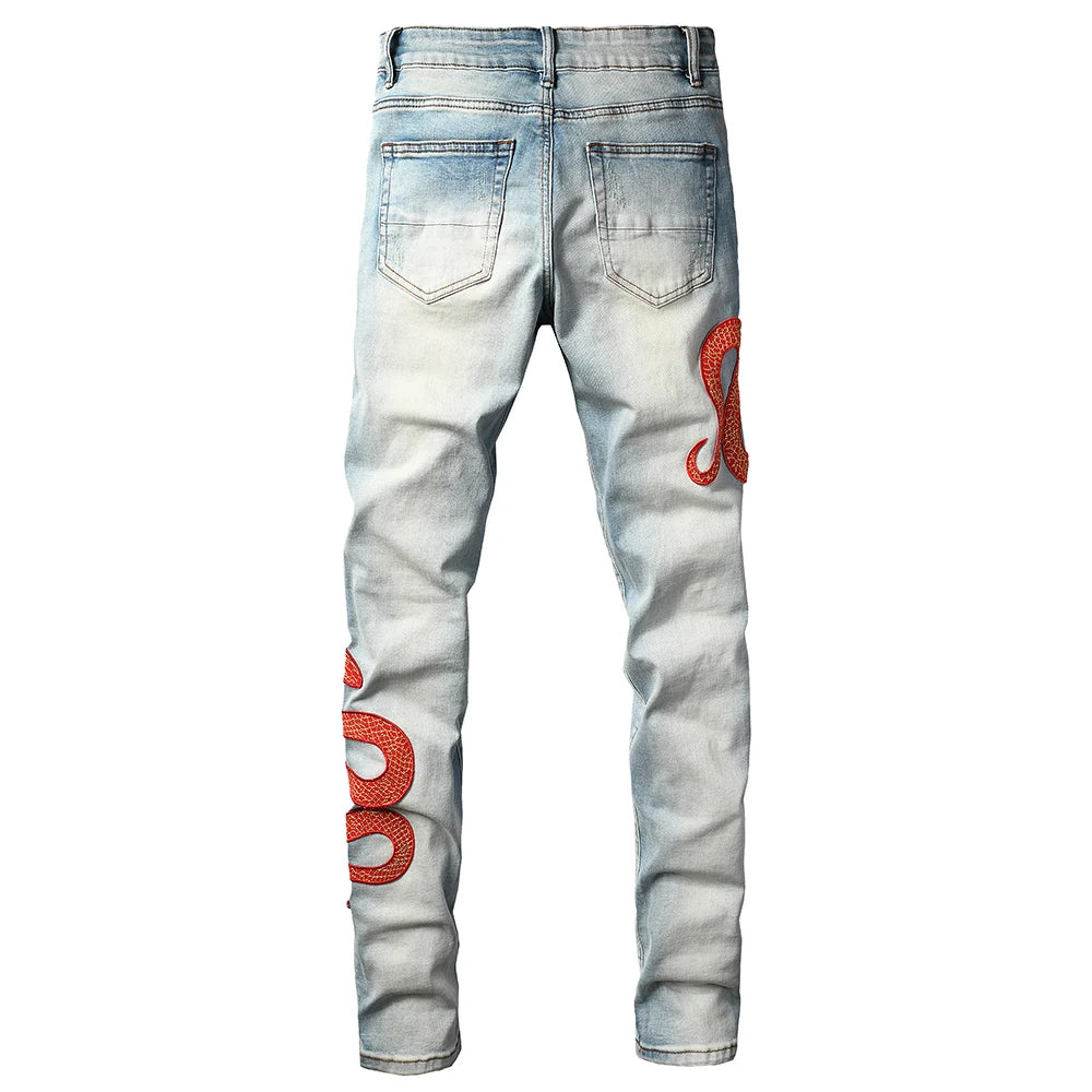 Men's Designer Amiri Snake Skinny Jeans Streetwear Red Leather