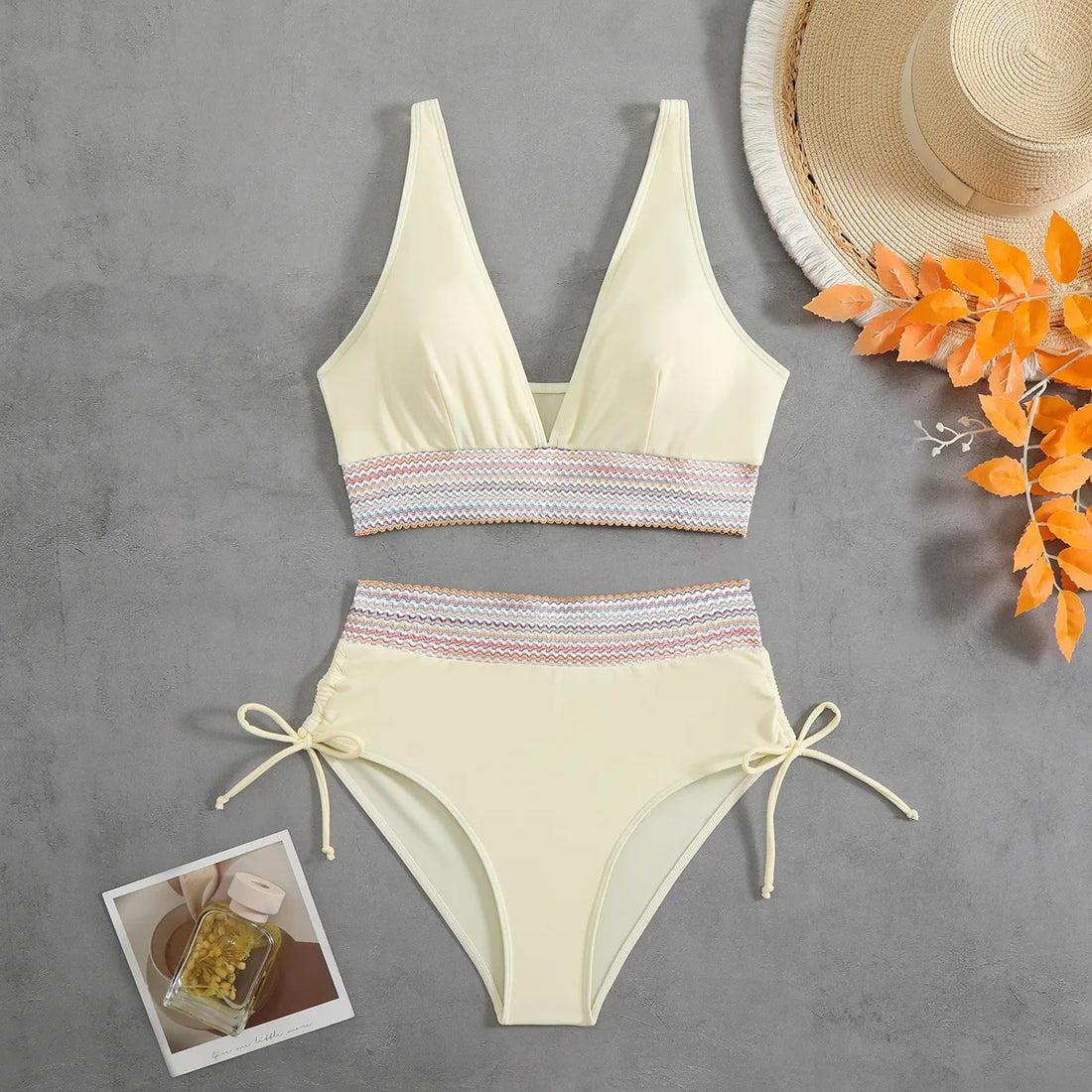 2025 Solid Color Drawstring Bikini Set Fashion High Waist Separate Patchwork Swimwear Drawstring Women
