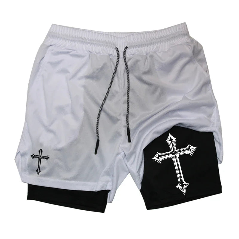 Cross Print 2 in 1 Workout Running Shorts for Men Gym Exercise