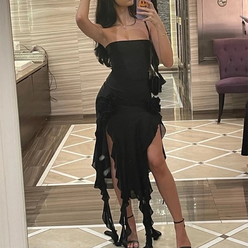 Women Strapless Sexy Floral Fold Hemline High Slit Mini Dress 2025