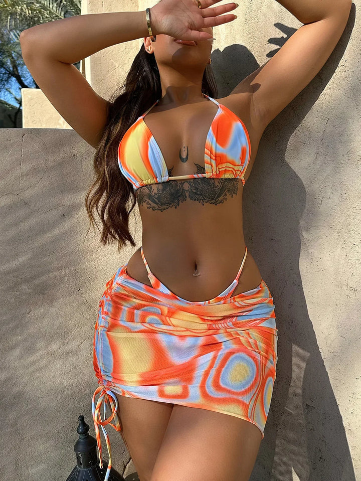 Sexy Orange Gradient 3 Piece Bikinis Sets Women Cover Up Swimwear Biquini 2025