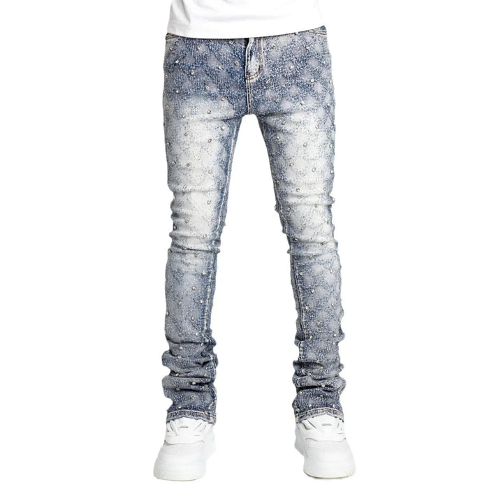 Hip hop High Street Designer Stacked Jeans For Men Slim Fit Stretchy Pearls Designer Jeans