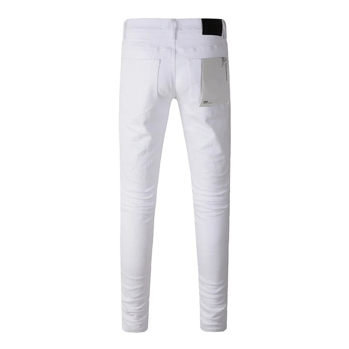 Men's American High Street Distressed White Blank Stretch Skinny Button Fly Ripped Jeans Pants