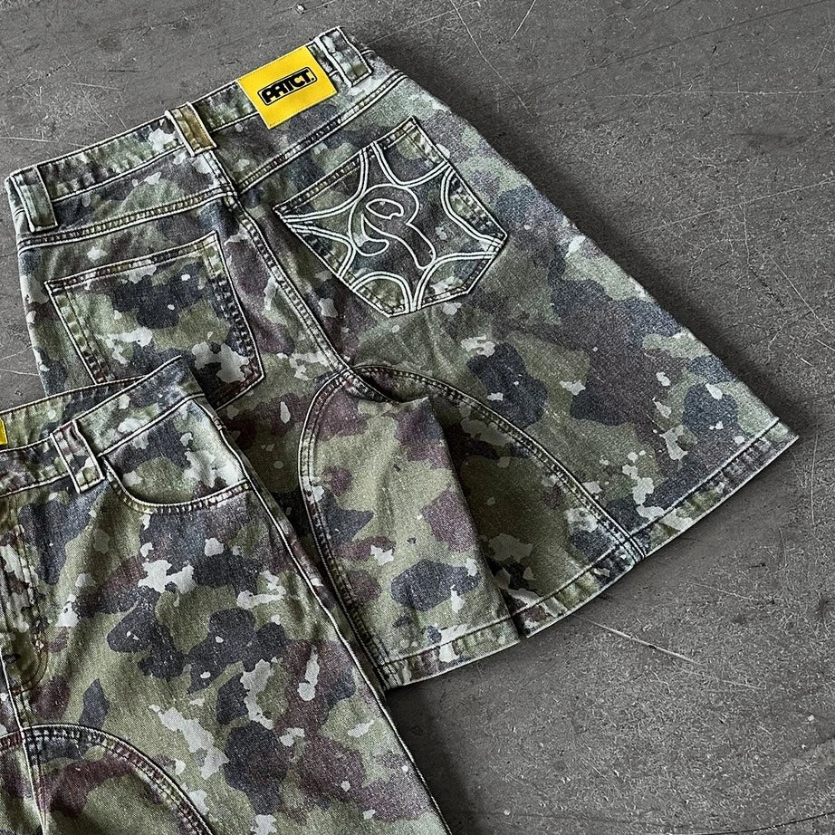 Retro Leaves Camouflage Denim Short Jeans Men Hip Hop