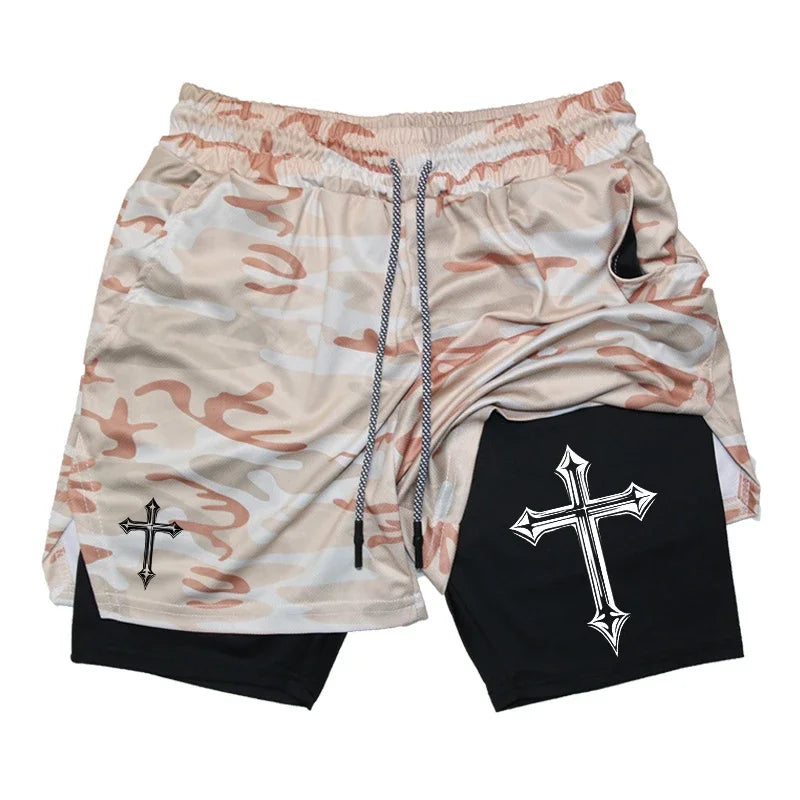 Cross Print 2 in 1 Workout Running Shorts for Men Gym Exercise