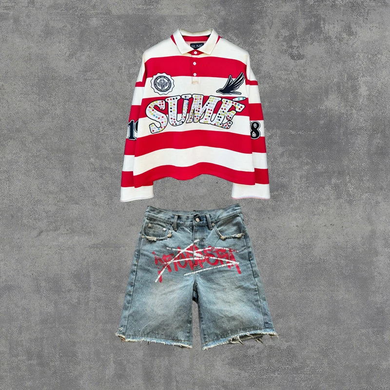 2 Pcs Diamond Stripe Polo Retro Classic Unisex Oversized Long Sleeved Shirts Sets
