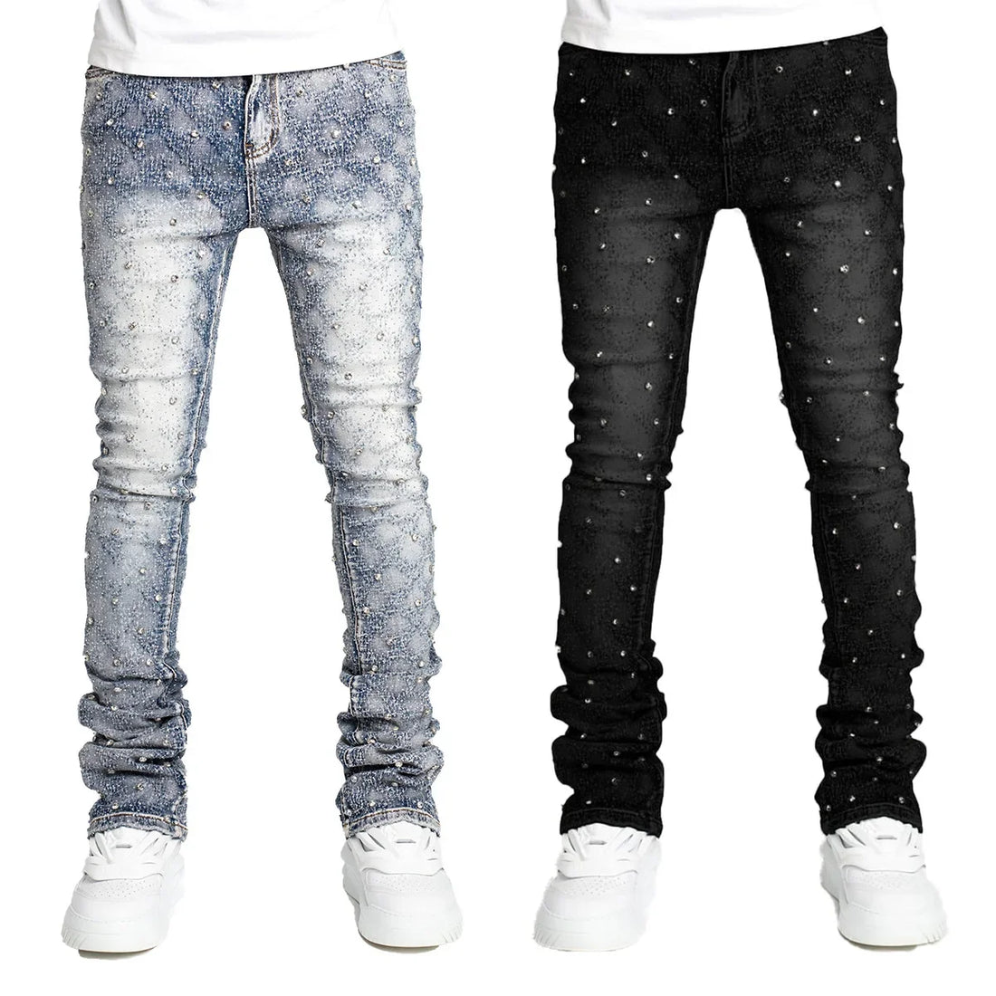 Hip hop High Street Designer Stacked Jeans For Men Slim Fit Stretchy Pearls Designer Jeans