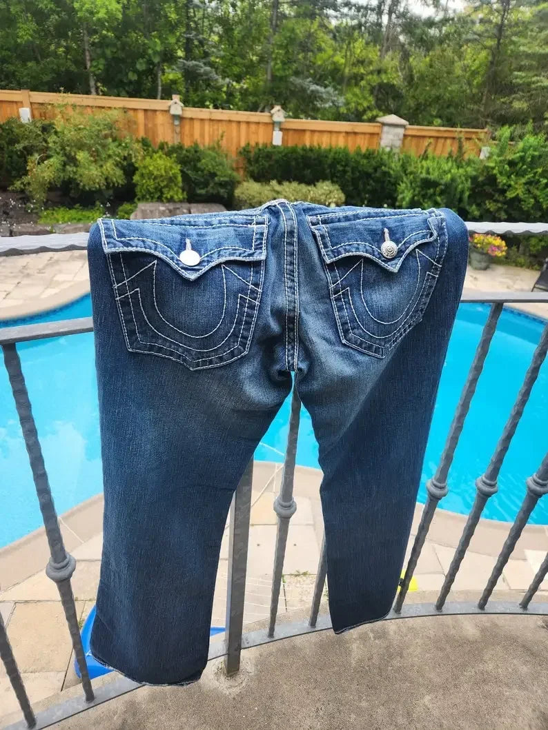 True Religion Men and Women Streetwear Pants Hip Hop Casual High Waisted Denim Trousers