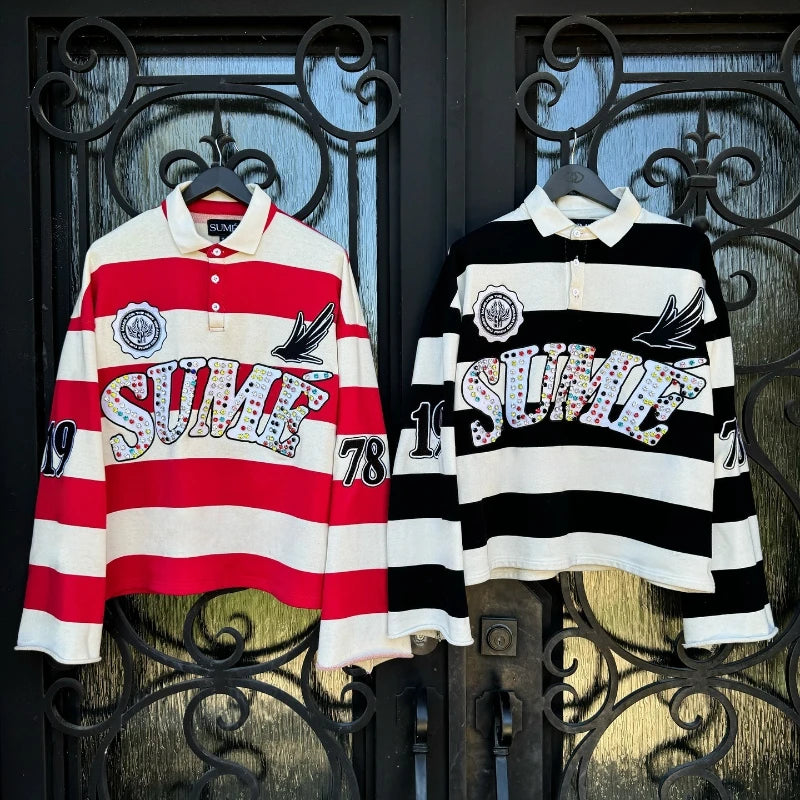 2 Pcs Diamond Stripe Polo Retro Classic Unisex Oversized Long Sleeved Shirts Sets