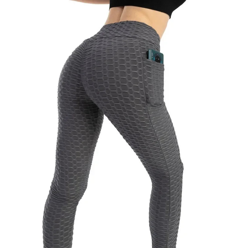 Women Fashion Pocket Bubble Pants Stretchy Slim Leggings Gym Running
