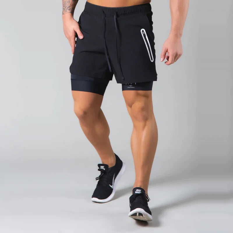 Double-deck fitness sports shorts Men summer 2 IN 1 training Gyms
