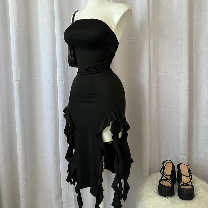 Women Strapless Sexy Floral Fold Hemline High Slit Mini Dress 2025