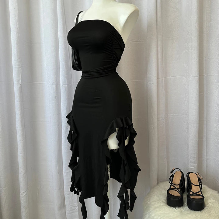 Women Strapless Sexy Floral Fold Hemline High Slit Mini Dress 2025