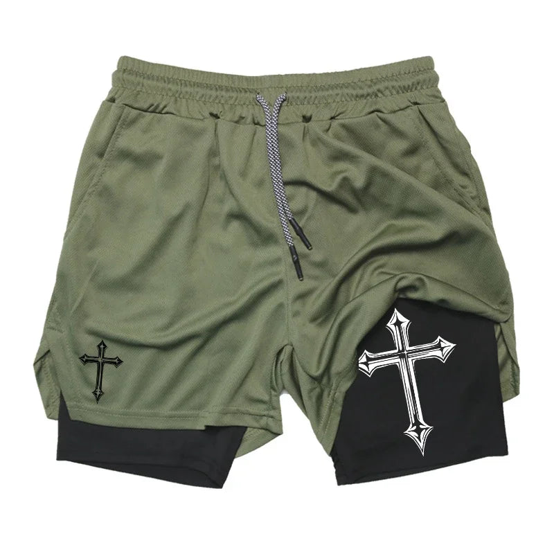 Cross Print 2 in 1 Workout Running Shorts for Men Gym Exercise