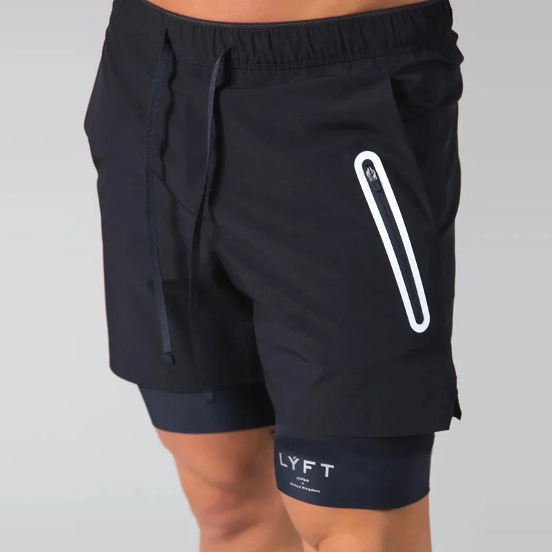 Double-deck fitness sports shorts Men summer 2 IN 1 training Gyms