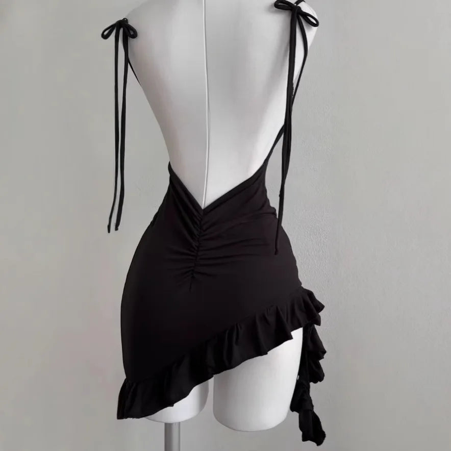 2025 America Lace Up Bodycon Dresses High Street Party Club Black Dress