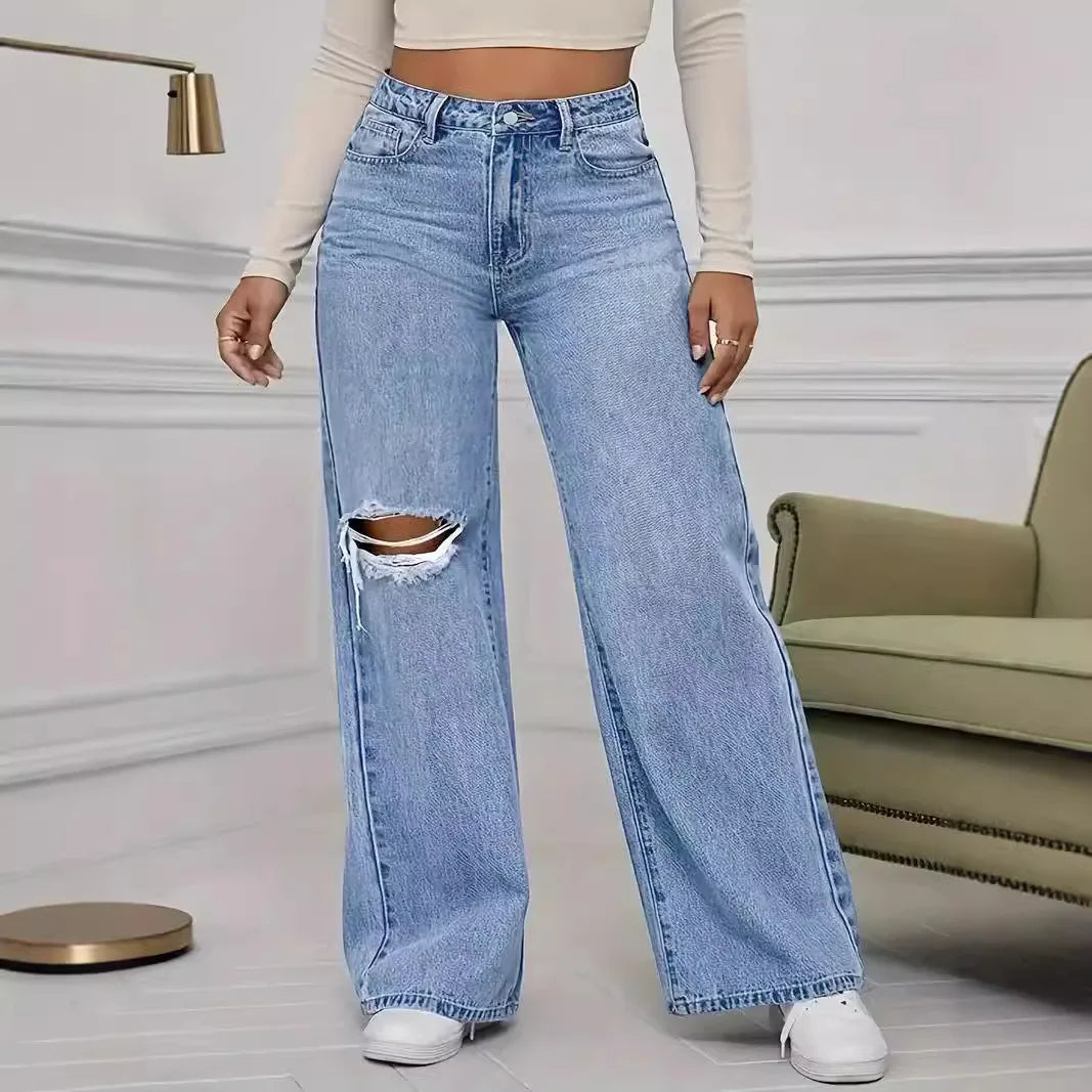 Designer High Waist Denim Wide-leg Pants
