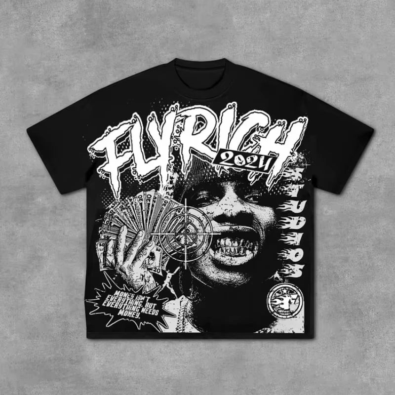 Fly Rich Abstract Human Face Oversize Tshirt Streetwear Men And Women Tops