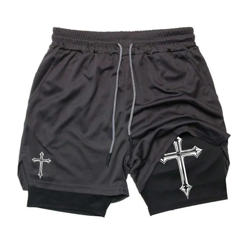 Cross Print 2 in 1 Workout Running Shorts for Men Gym Exercise