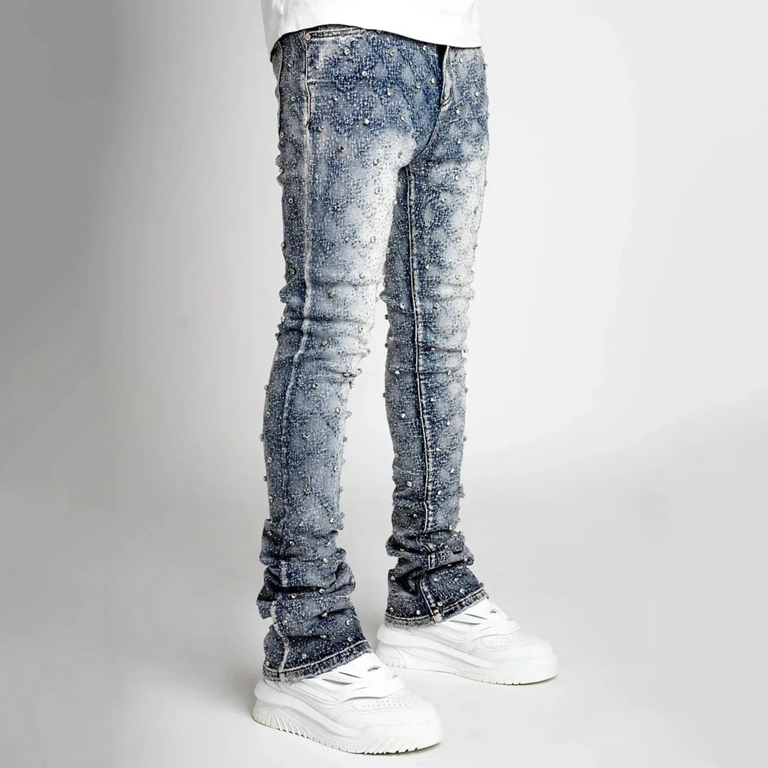 Hip hop High Street Designer Stacked Jeans For Men Slim Fit Stretchy Pearls Designer Jeans