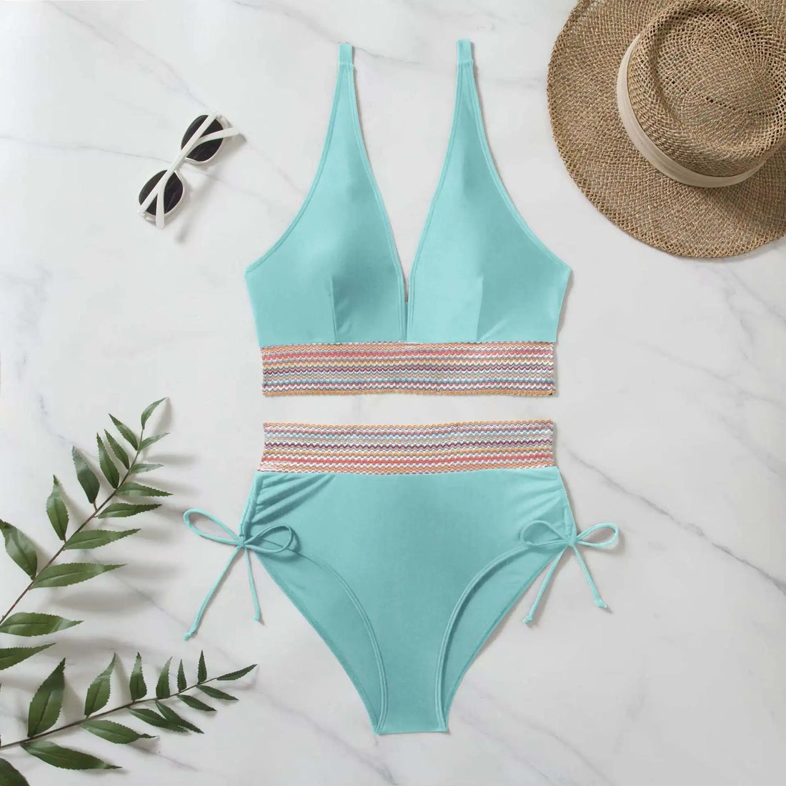 2025 Solid Color Drawstring Bikini Set Fashion High Waist Separate Patchwork Swimwear Drawstring Women