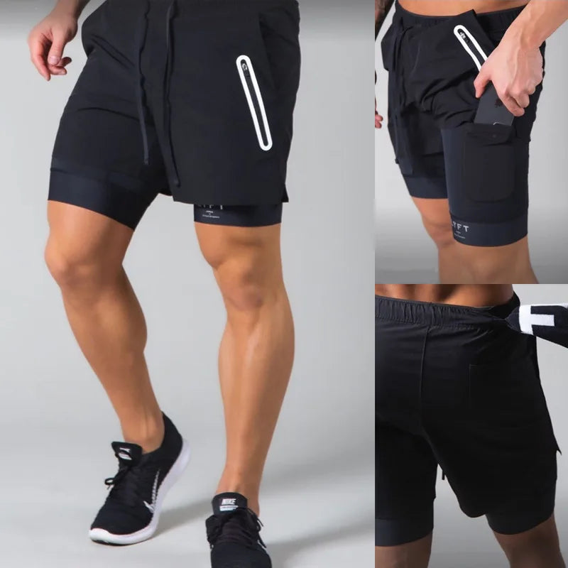 Double-deck fitness sports shorts Men summer 2 IN 1 training Gyms