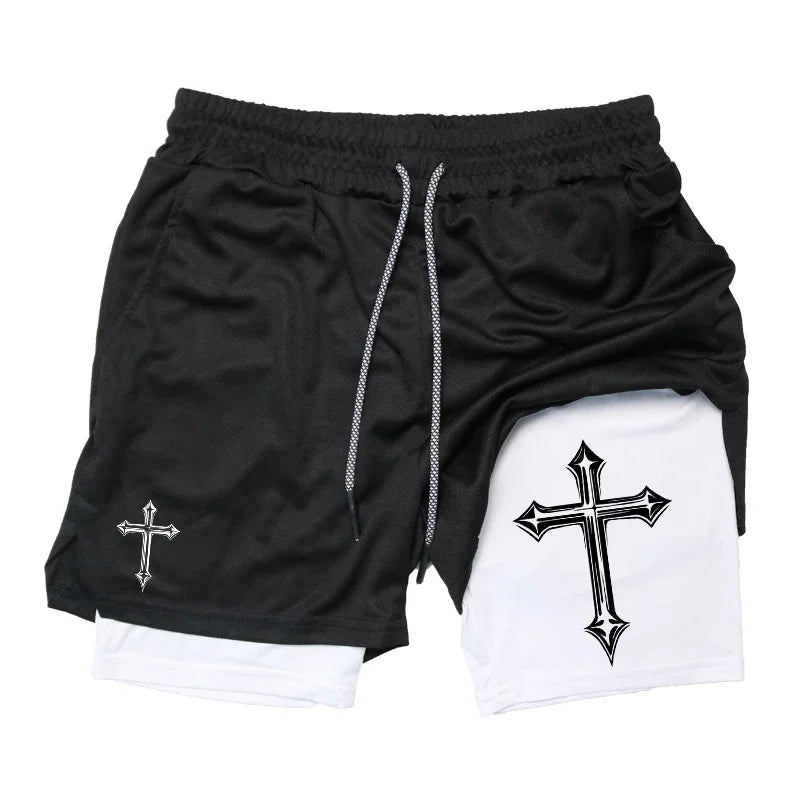 Cross Print 2 in 1 Workout Running Shorts for Men Gym Exercise
