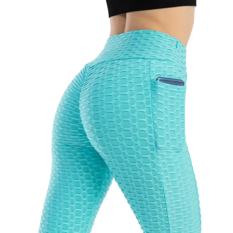 Women Fashion Pocket Bubble Pants Stretchy Slim Leggings Gym Running