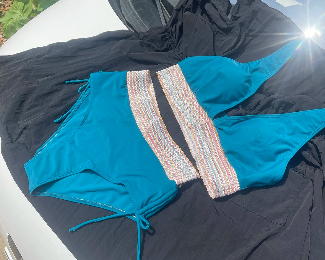 2025 Solid Color Drawstring Bikini Set Fashion High Waist Separate Patchwork Swimwear Drawstring Women