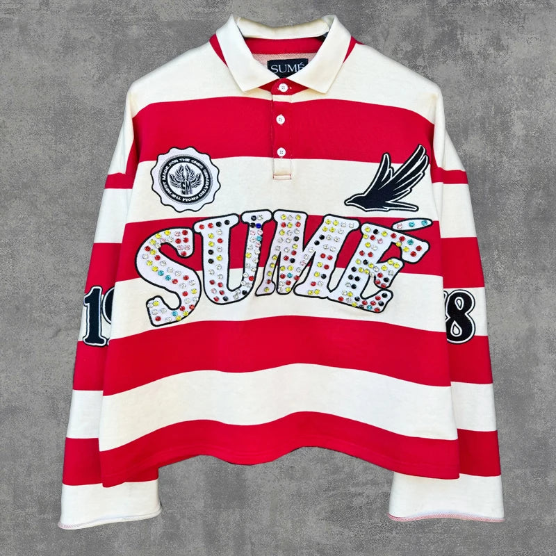 2 Pcs Diamond Stripe Polo Retro Classic Unisex Oversized Long Sleeved Shirts Sets