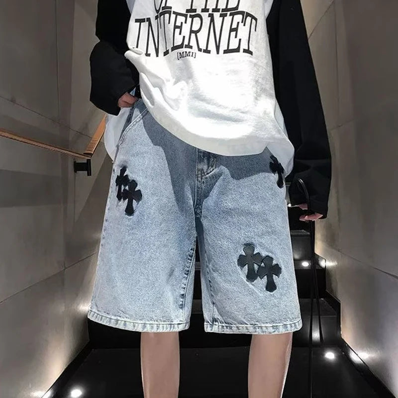 New Men's Summer Cross Stickers Denim Shorts Loose Hip Hop Blue Jeans