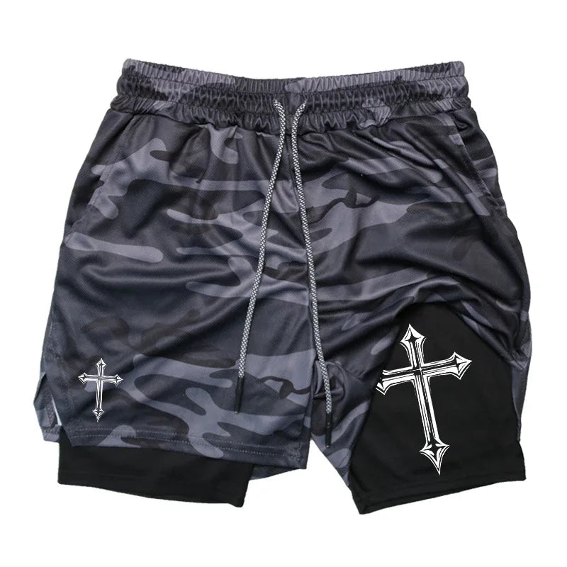 Cross Print 2 in 1 Workout Running Shorts for Men Gym Exercise