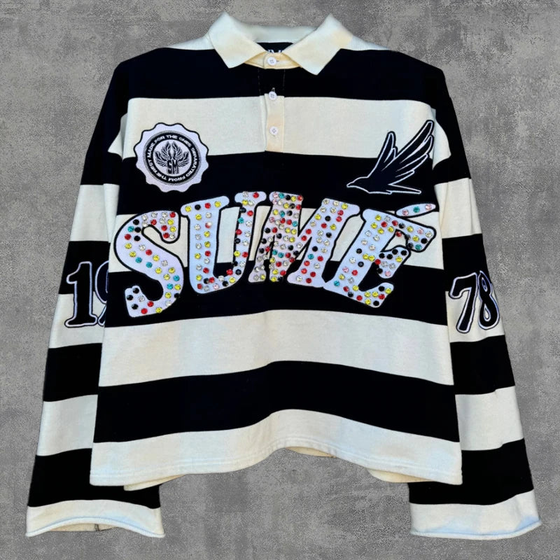 2 Pcs Diamond Stripe Polo Retro Classic Unisex Oversized Long Sleeved Shirts Sets