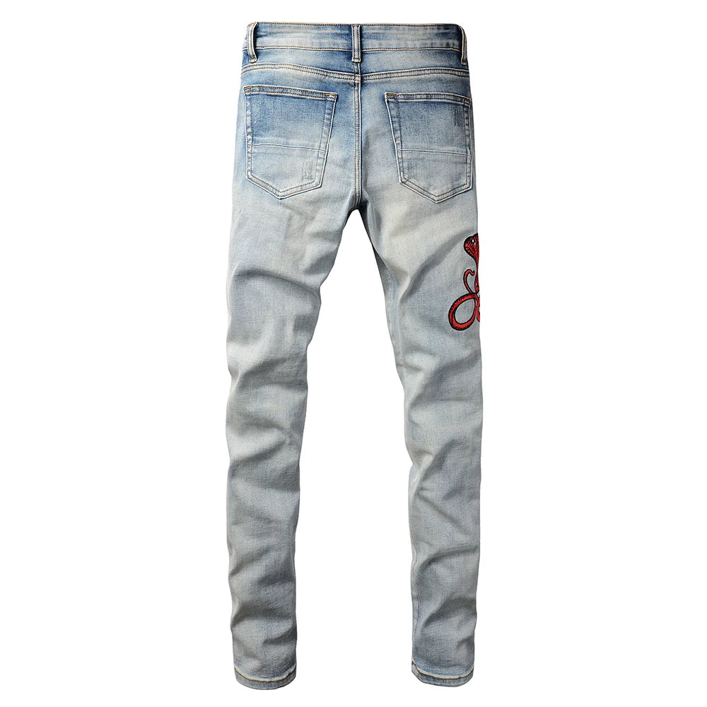 Men Amiri Red Snake  Denim Jeans Streetwear