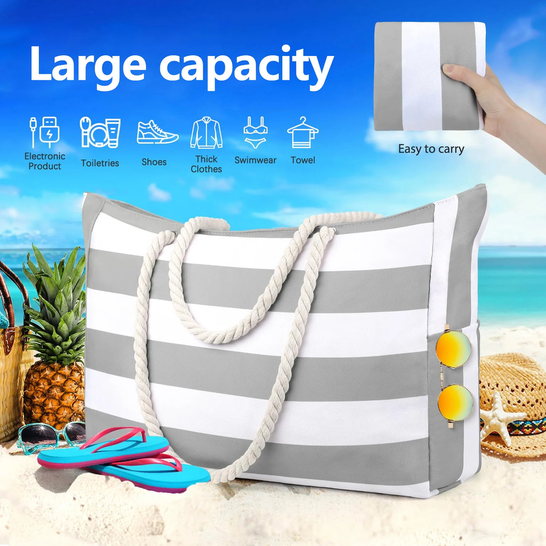 Striped zipper outer bag for outdoor travel and vacation waterproof resistant canvas