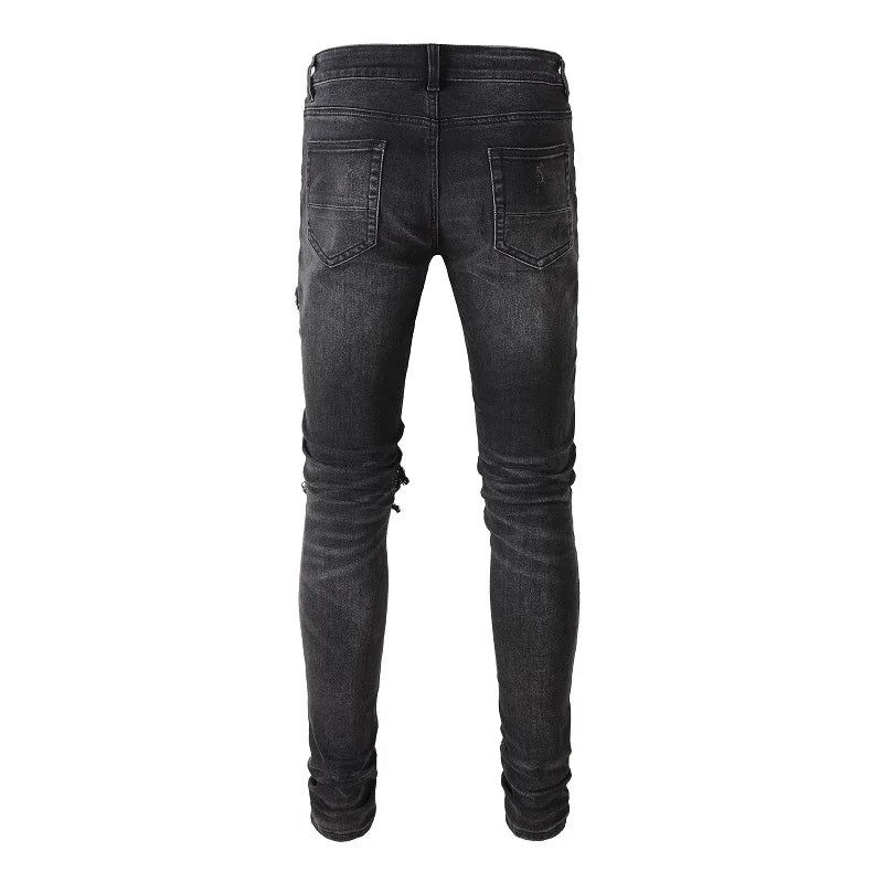 lJeans Streetwear Pleated Patchwork Holes Ripped Stretch Denim Pants Skinny Tl