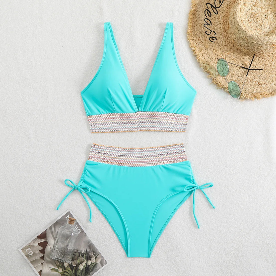 2025 Solid Color Drawstring Bikini Set Fashion High Waist Separate Patchwork Swimwear Drawstring Women