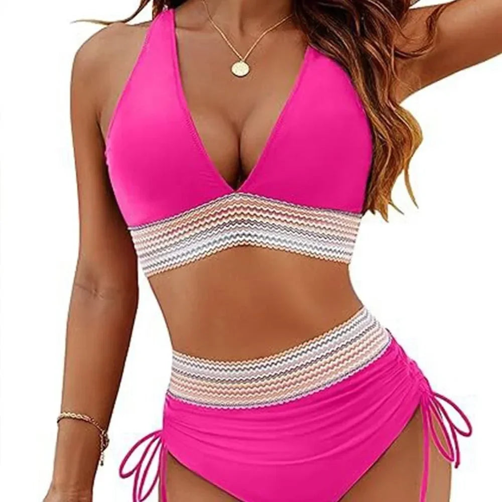 2025 Solid Color Drawstring Bikini Set Fashion High Waist Separate Patchwork Swimwear Drawstring Women