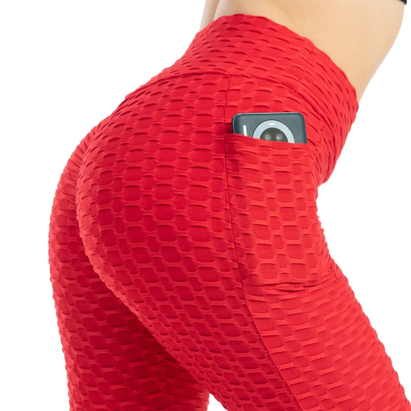 Women Fashion Pocket Bubble Pants Stretchy Slim Leggings Gym Running