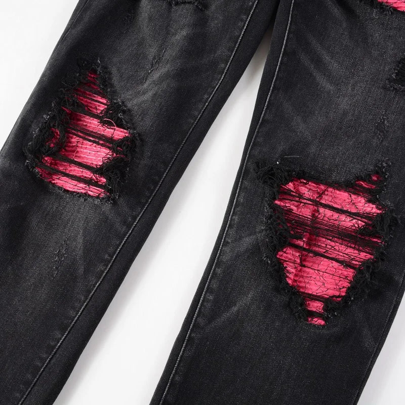 lJeans Streetwear Pleated Patchwork Holes Ripped Stretch Denim Pants Skinny Tl