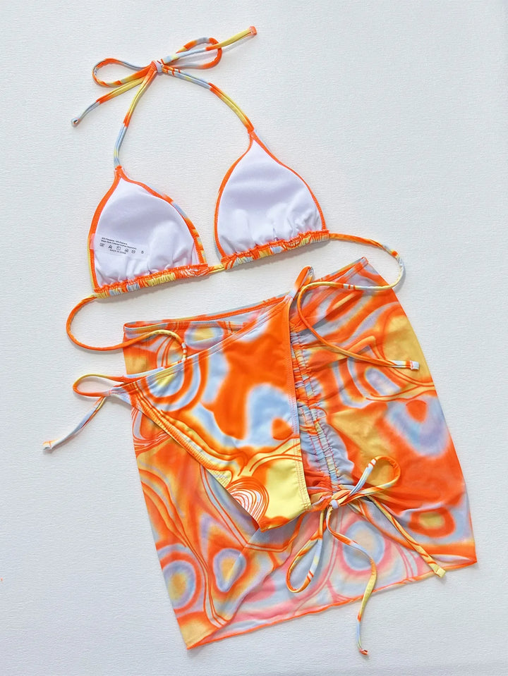 Sexy Orange Gradient 3 Piece Bikinis Sets Women Cover Up Swimwear Biquini 2025