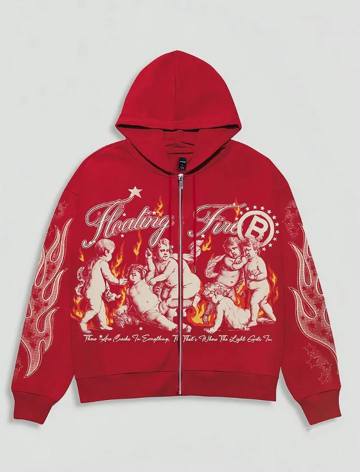 Designer Retro Hoodie Flame Fashionable Loose Oversized Clothing American Punk Hip-hop Street Sweatshirt