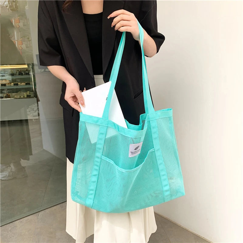 Fashionable Portable Shopping Travel Beach Mesh Net Tote Handbag