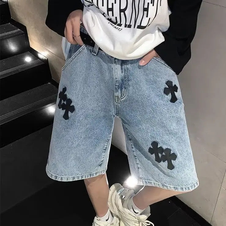 New Men's Summer Cross Stickers Denim Shorts Loose Hip Hop Blue Jeans