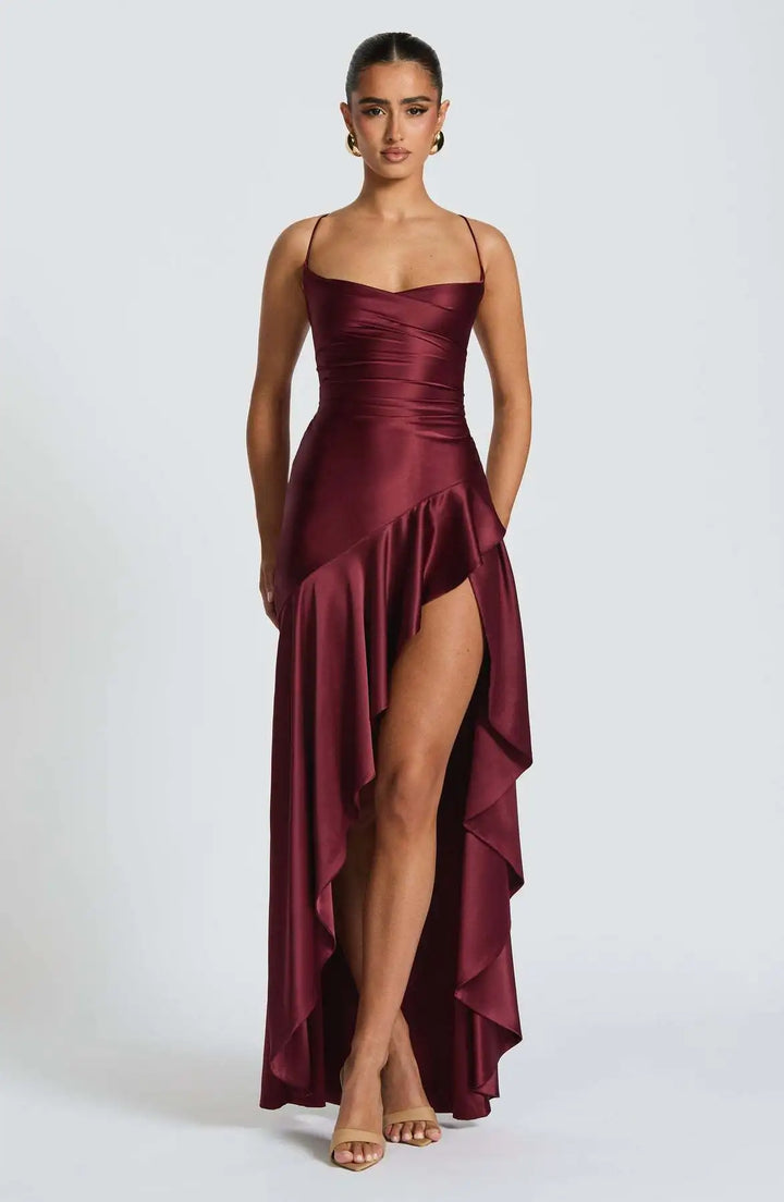 2025 Summer Women Elegant Ruffle Irregular Backless Bandage Long Maxi Dress