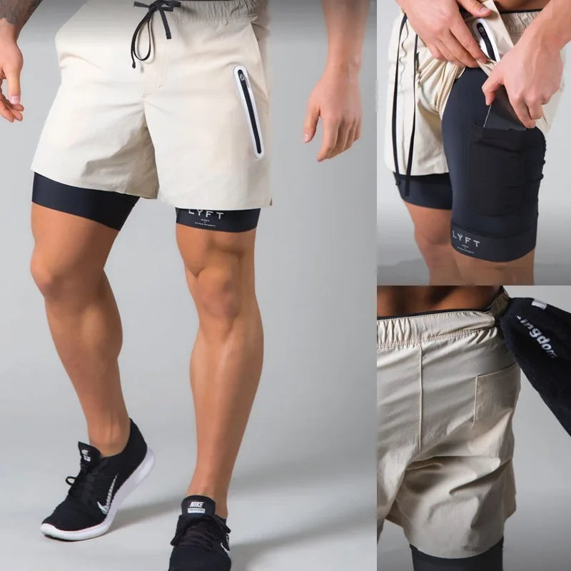 Double-deck fitness sports shorts Men summer 2 IN 1 training Gyms