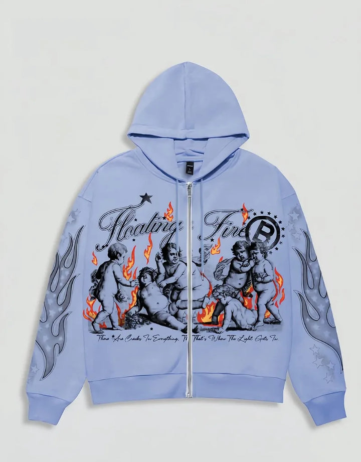 Designer Retro Hoodie Flame Fashionable Loose Oversized Clothing American Punk Hip-hop Street Sweatshirt