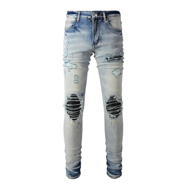Men Leather Jeans Streetwear Skinny Tapered High Stretch Denim Pants