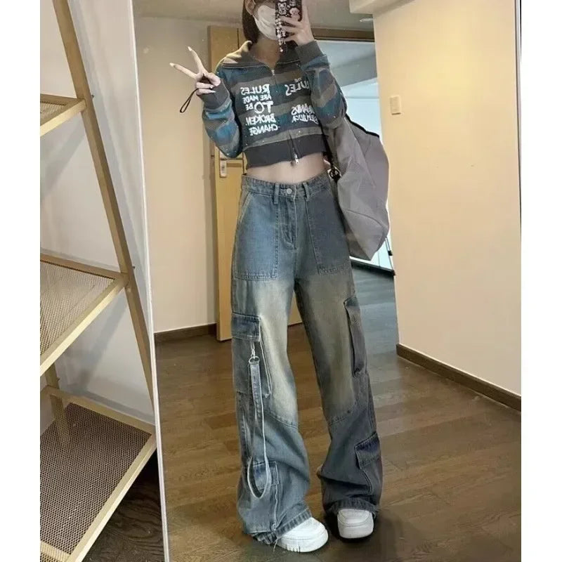 Denim High Waist Full Length Jeans Loose Solid Patchwork Distressed